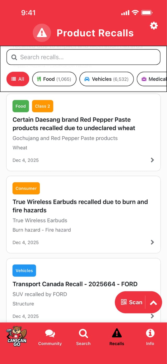 Product Recalls feature